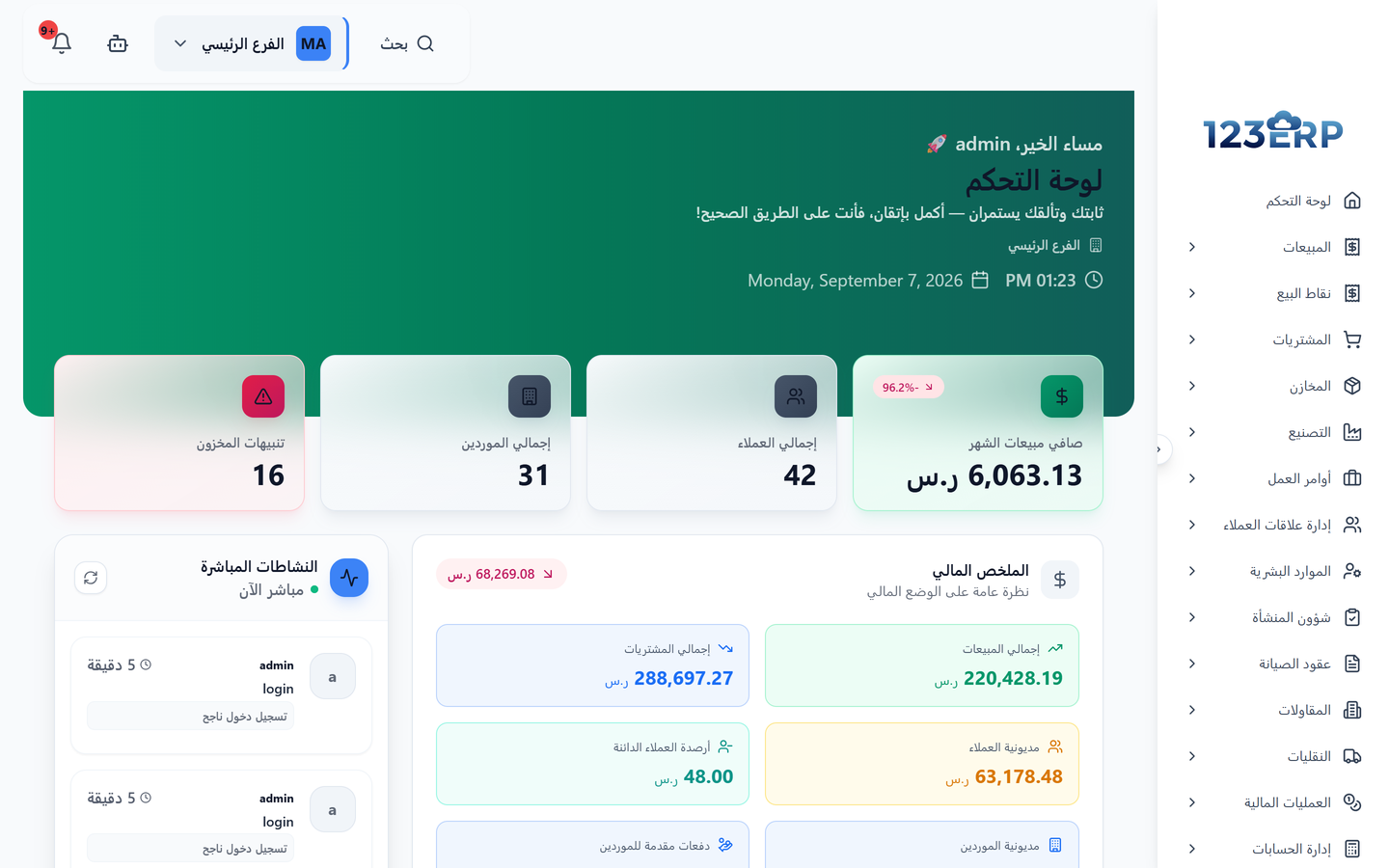 لوحة تحكم 123erp — family.123erp.net